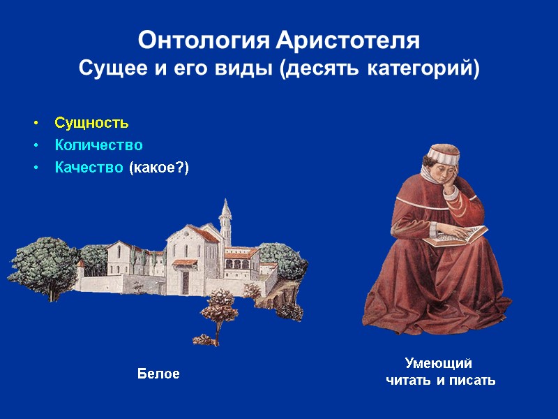 Онтология Аристотеля Сущее и его виды (десять категорий) Сущность Количество Качество (какое?) Умеющий 